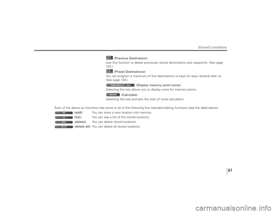 SUBARU LEGACY 2008 4.G Navigation Manual 87
Stored Locations
(Previous Destination):
Use this function to delete previously stored destinations and waypoints. (See page
102.)
(Preset Destinations):
You can program a maximum of five destinati