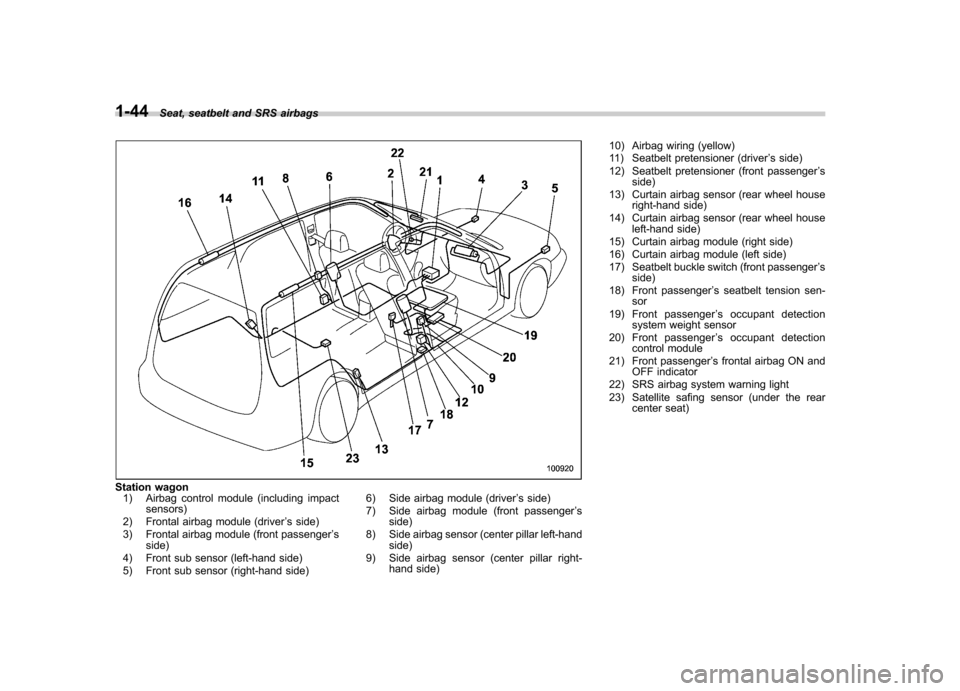SUBARU LEGACY 2008 4.G Owners Manual 1-44Seat, seatbelt and SRS airbags
Station wagon
1) Airbag control module (including impact sensors)
2) Frontal airbag module (driver ’s side)
3) Frontal airbag module (front passenger ’s
side)
4)
