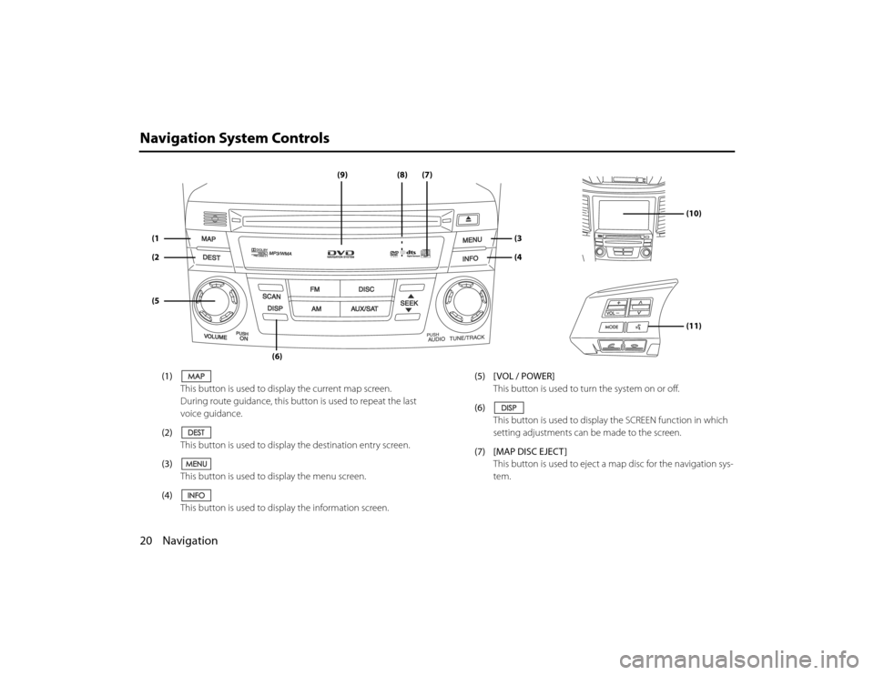 SUBARU LEGACY 2010 5.G Navigation Manual 
20 NavigationNavigation System Controls
(1)This button is used to display the current map screen.
During route guidance, this button  is used to repeat the last 
voice guidance.
(2) This button is us