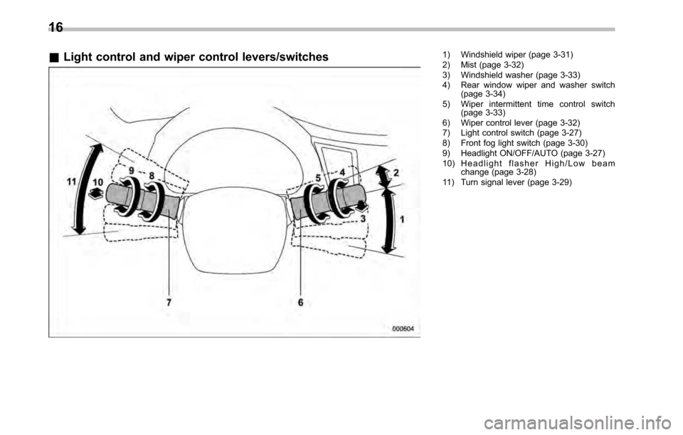 SUBARU LEGACY 2010 5.G Owners Manual 16 &Light control and wiper control levers/switches
1) Windshield wiper (page 3-31) 
2) Mist (page 3-32) 
3) Windshield washer (page 3-33) 
4) Rear window wiper and washer switch
(page 3-34)
5) Wiper 