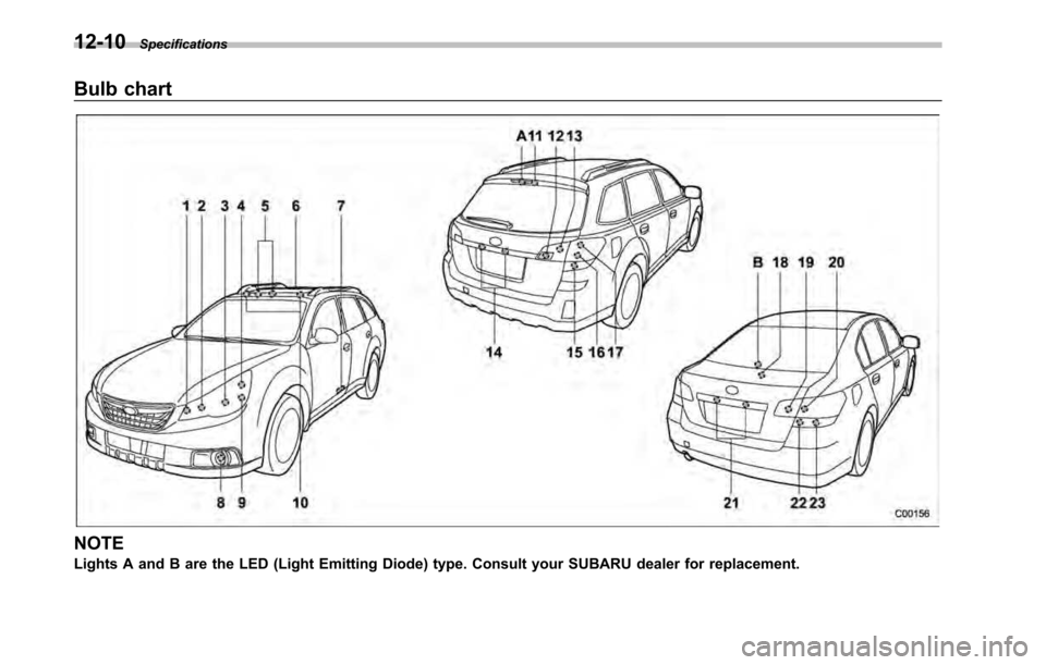 SUBARU LEGACY 2010 5.G Owners Manual 12-10Specifications
Bulb chart
NOTE 
Lights A and B are the LED (Light Emitting Diode) type. Consult your SUBARU dealer for replacement.  