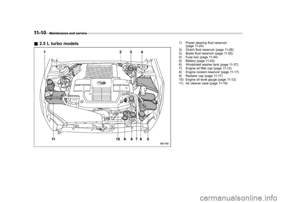 SUBARU LEGACY 2012 5.G Owners Manual 11-10Maintenance and service
& 2.5 L turbo models
1) Power steering fluid reservoir
(page 11-24)
2) Clutch fluid reservoir (page 11-26)
3) Brake fluid reservoir (page 11-25)
4) Fuse box (page 11-44) SUBARU LEGACY 2012 5.G Owners Manual 11-10Maintenance and service
& 2.5 L turbo models
1) Power steering fluid reservoir
(page 11-24)
2) Clutch fluid reservoir (page 11-26)
3) Brake fluid reservoir (page 11-25)
4) Fuse box (page 11-44)