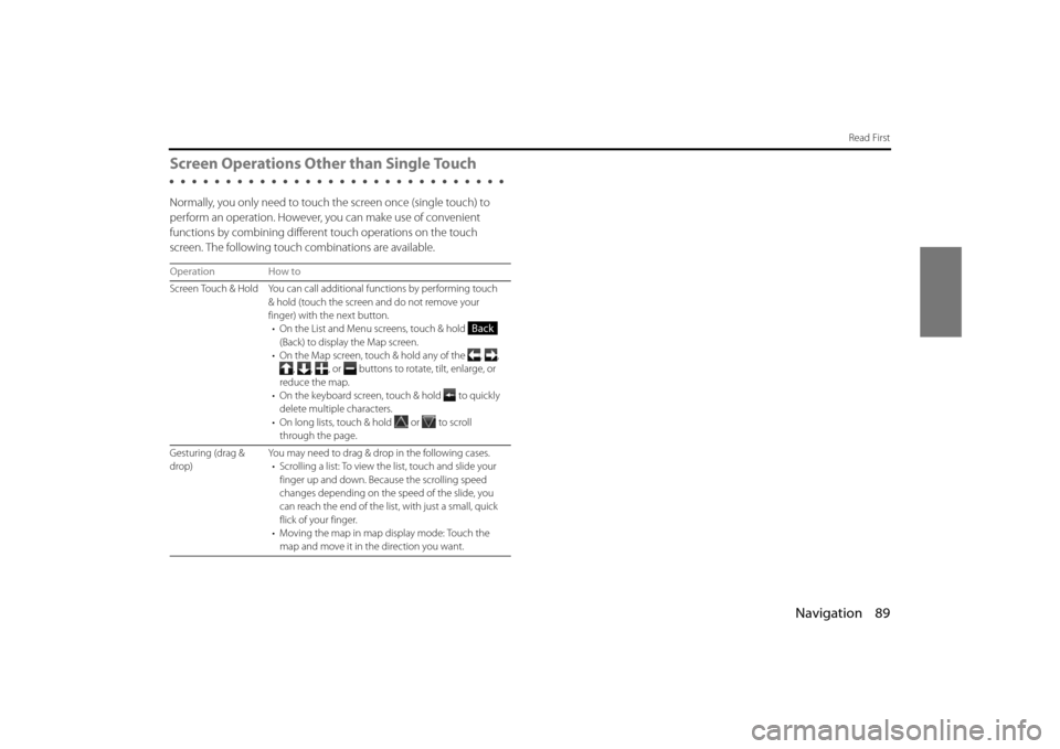 SUBARU LEGACY 2013 5.G Navigation Manual Navigation 89
Read First
Screen Operations Other than Single Touch 
Normally, you only need to touch the screen once (single touch) to 
perform an operation. However, you can make use of convenient 
f