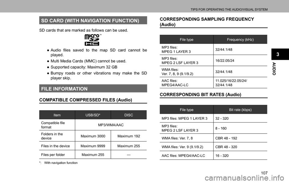 SUBARU LEGACY 2016 6.G Multimedia System Manual TIPS FOR OPERATING THE AUDIO/VISUAL SYSTEM
107
AUDIO
3
SD CARD (WITH NAVIGATION FUNCTION)
SD cards that are marked as follows can be used.
  