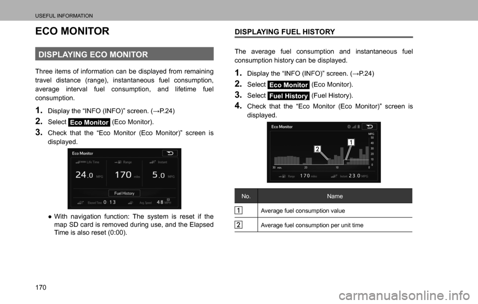 SUBARU LEGACY 2016 6.G Multimedia System Manual USEFUL INFORMATION
170
ECO MONITOR
DISPLAYING ECO MONITOR
Three items of information can be displayed from remaining 
travel distance (range), instantaneous fuel consumption, 
average interval fuel co