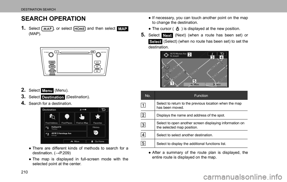 SUBARU LEGACY 2016 6.G Multimedia System Manual DESTINATION SEARCH
210
SEARCH OPERATION
1. Select , or select  and then select MAP 
(MAP).
2. Select Menu (Menu).
3. Select Destination (Destination).
4. Search for a destination.
  ”There are diff