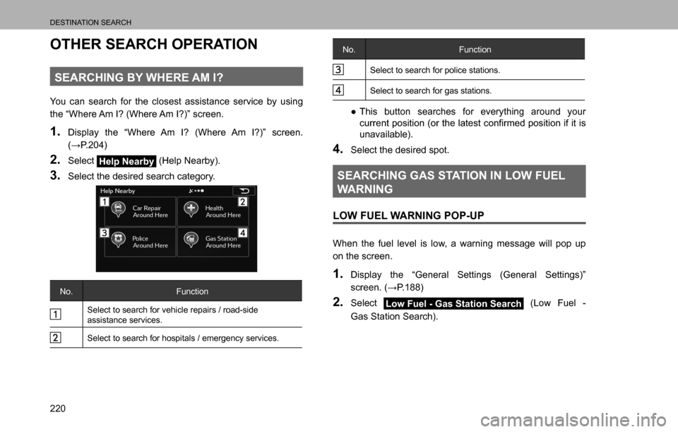 SUBARU LEGACY 2016 6.G Multimedia System Manual DESTINATION SEARCH
220
OTHER SEARCH OPERATION
SEARCHING BY WHERE AM I?
You can search for the closest assistance service by using 
the “Where Am I? (Where Am I?)” screen.
1. Display the “Where A