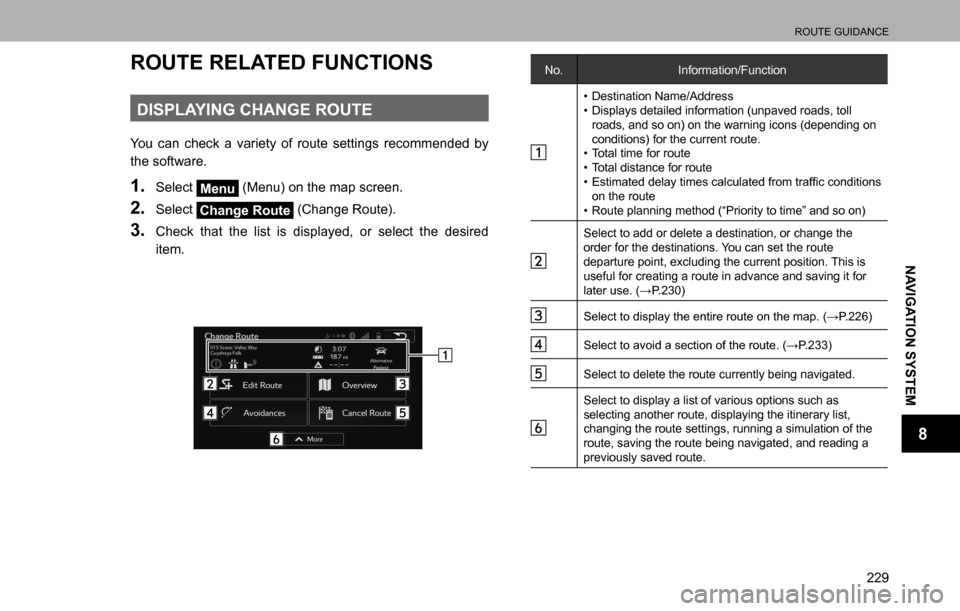 SUBARU LEGACY 2016 6.G Multimedia System Manual ROUTE GUIDANCE
229
NAVIGATION SYSTEM
8
ROUTE RELATED FUNCTIONS
DISPLAYING CHANGE ROUTE
You can check a variety of route settings recommended by 
the software.
1. Select Menu (Menu) on the map screen.
