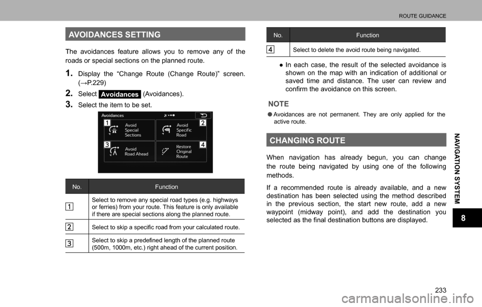 SUBARU LEGACY 2016 6.G Multimedia System Manual ROUTE GUIDANCE
233
NAVIGATION SYSTEM
8
AVOIDANCES SETTING
The avoidances feature allows you to remove any of the 
roads or special sections on the planned route.
1. Display the “Change Route (Change