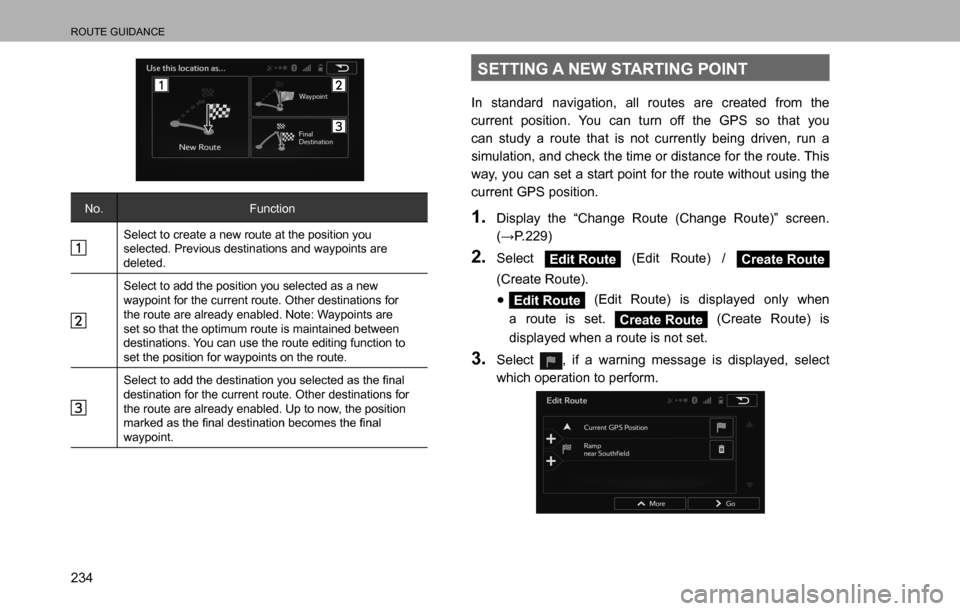 SUBARU LEGACY 2016 6.G Multimedia System Manual ROUTE GUIDANCE
234
No. Function
Select to create a new route at the position you 
selected. Previous destinations and waypoints are 
deleted.
Select to add the position you selected as a new 
waypoint