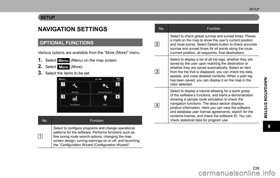 SUBARU LEGACY 2016 6.G Multimedia System Manual SETUP
239
NAVIGATION SYSTEM
8
SETUP
NAVIGATION SETTINGS
OPTIONAL FUNCTIONS
Various options are available from the “More (More)” menu.
1. Select Menu (Menu) on the map screen.
2. Select More (More)