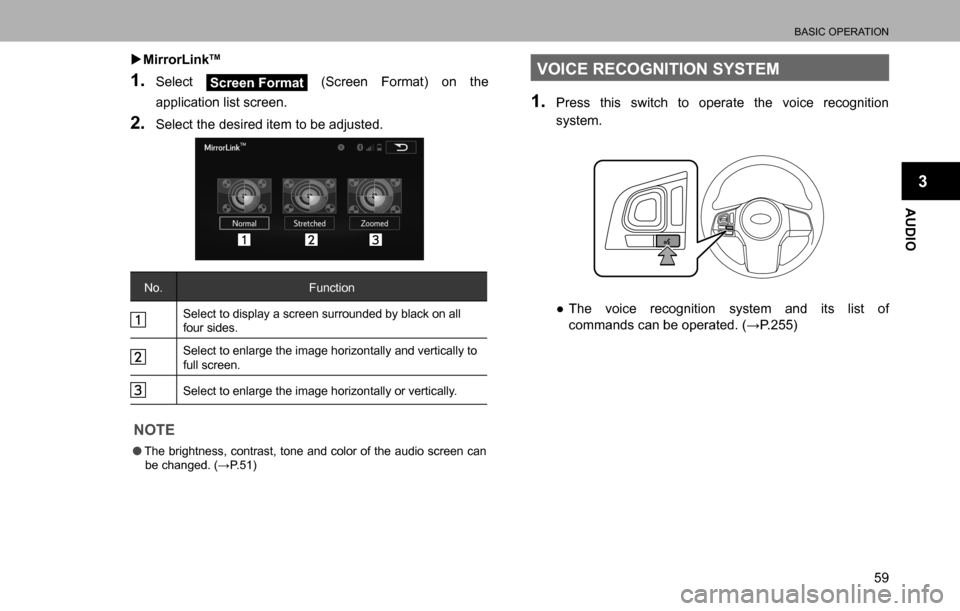 SUBARU LEGACY 2016 6.G Multimedia System Manual BASIC OPERATION
59
AUDIO
3
  �XMirrorLinkTM
1. Select Screen Format (Screen Format) on the 
application list screen.
2. Select the desired item to be adjusted.
No. Function
Select to display a screen 