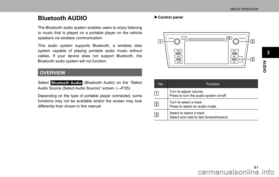 SUBARU LEGACY 2016 6.G Multimedia System Manual MEDIA OPERATION
91
AUDIO
3
Bluetooth AUDIO
The Bluetooth audio system enables users to enjoy listening 
to music that is played on a portable player on the vehicle 
speakers via wireless communication
