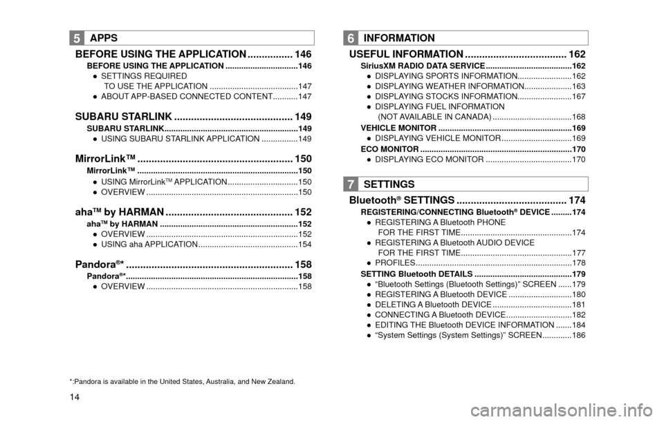 SUBARU LEGACY 2017 6.G Multimedia System Manual 14
5APPS
BEFORE USING THE APPLICATION ................ 146
BEFORE USING THE APPLICATION ................................146 ” SETTINGS REQUIRED
TO USE THE APPLICATION ..............................