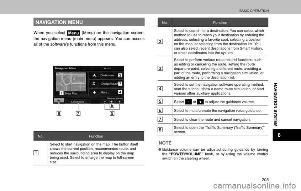 SUBARU LEGACY 2017 6.G Multimedia System Manual BASIC OPERATION
203
NAVIGATION SYSTEM
8
NAVIGATION MENU
When you select Menu (Menu) on the navigation screen,
the navigation menu (main menu) appears. You can access
all of the software’s function SUBARU LEGACY 2017 6.G Multimedia System Manual BASIC OPERATION
203
NAVIGATION SYSTEM
8
NAVIGATION MENU
When you select Menu (Menu) on the navigation screen,
the navigation menu (main menu) appears. You can access
all of the software’s function