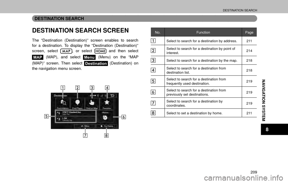 SUBARU LEGACY 2017 6.G Multimedia System Manual DESTINATION SEARCH
209
NAVIGATION SYSTEM
8
DESTINATION SEARCH
DESTINATION SEARCH SCREEN
The “Destination (Destination)” screen enables to search 
for a destination. To display the “Destination (