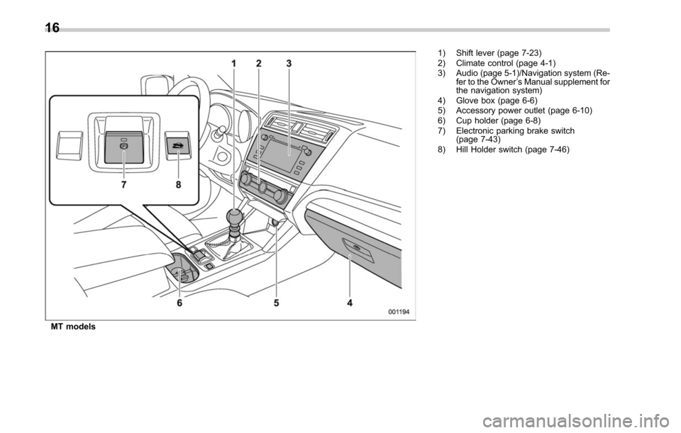 SUBARU LEGACY 2017 6.G Owners Manual MT models1) Shift lever (page 7-23)
2) Climate control (page 4-1)
3) Audio (page 5-1)/Navigation system (Re-
fer to the Owner ’s Manual supplement for
the navigation system)
4) Glove box (page 6-6)
