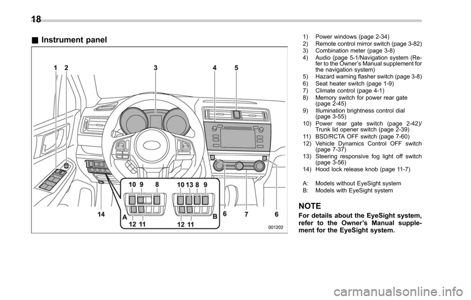 SUBARU LEGACY 2017 6.G Owners Manual &Instrument panel1) Power windows (page 2-34)
2) Remote control mirror switch (page 3-82)
3) Combination meter (page 3-8)
4) Audio (page 5-1/Navigation system (Re-
fer to the Owner ’s Manual supplem