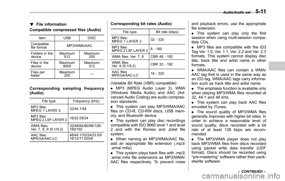 SUBARU LEGACY 2017 6.G Owners Manual !File information
Compatible compressed files (Audio)
Item USB DISC
Compatible
file format MP3/WMA/AAC
Folders in the
device Maximum
512 Maximum
255
Files in the
device Maximum
8000 Maximum
512
Files SUBARU LEGACY 2017 6.G Owners Manual !File information
Compatible compressed files (Audio)
Item USB DISC
Compatible
file format MP3/WMA/AAC
Folders in the
device Maximum
512 Maximum
255
Files in the
device Maximum
8000 Maximum
512
Files