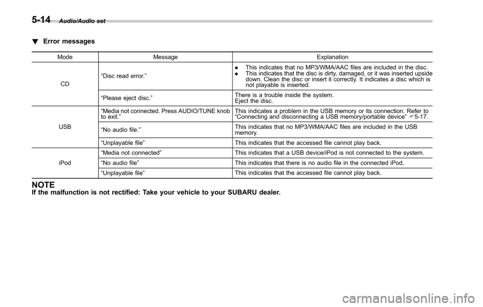 SUBARU LEGACY 2017 6.G Owners Manual Audio/Audio set
!Error messages
Mode Message Explanation
CD “
Disc read error.” .
This indicates that no MP3/WMA/AAC files are included in the disc.
. This indicates that the disc is dirty, damage SUBARU LEGACY 2017 6.G Owners Manual Audio/Audio set
!Error messages
Mode Message Explanation
CD “
Disc read error.” .
This indicates that no MP3/WMA/AAC files are included in the disc.
. This indicates that the disc is dirty, damage