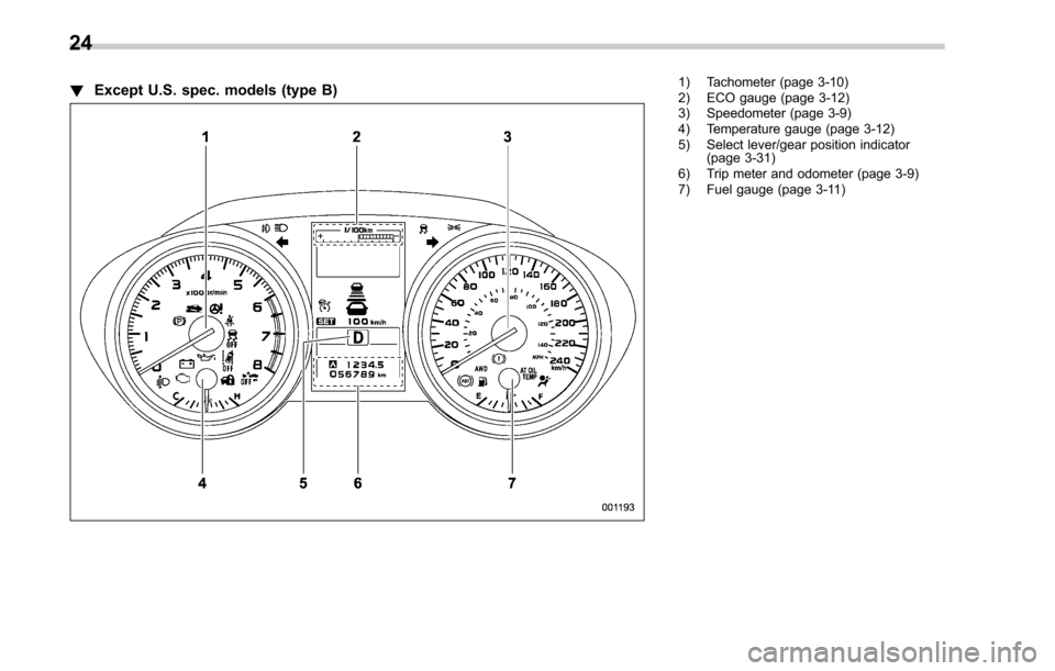 SUBARU LEGACY 2017 6.G Owners Manual !Except U.S. spec. models (type B)1) Tachometer (page 3-10)
2) ECO gauge (page 3-12)
3) Speedometer (page 3-9)
4) Temperature gauge (page 3-12)
5) Select lever/gear position indicator
(page 3-31)
6) T