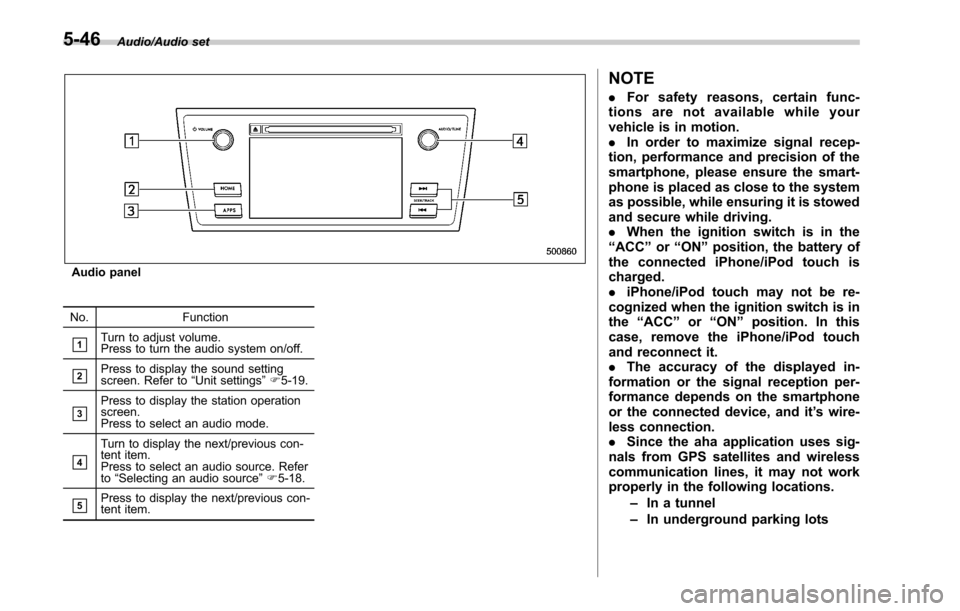 SUBARU LEGACY 2017 6.G Owners Manual Audio/Audio set
Audio panel
No. Function
&1Turn to adjust volume.
Press to turn the audio system on/off.
&2Press to display the sound setting
screen. Refer to “Unit settings ”F 5-19.
&3Press to di