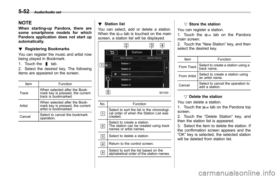 SUBARU LEGACY 2017 6.G Owners Manual Audio/Audio set
NOTE
When starting-up Pandora, there are
some smartphone models for which
Pandora application does not start up
automatically.
!Registering Bookmarks
You can register the music and art SUBARU LEGACY 2017 6.G Owners Manual Audio/Audio set
NOTE
When starting-up Pandora, there are
some smartphone models for which
Pandora application does not start up
automatically.
!Registering Bookmarks
You can register the music and art