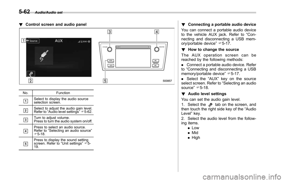 SUBARU LEGACY 2017 6.G Owners Manual Audio/Audio set
!Control screen and audio panel
No. Function
&1Select to display the audio source
selection screen.
&2Select to adjust the audio gain level.
Refer to“Audio level settings ”F 5-62.
SUBARU LEGACY 2017 6.G Owners Manual Audio/Audio set
!Control screen and audio panel
No. Function
&1Select to display the audio source
selection screen.
&2Select to adjust the audio gain level.
Refer to“Audio level settings ”F 5-62.
