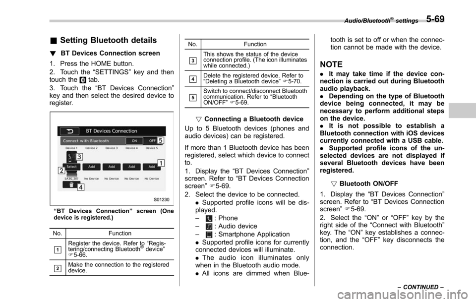 SUBARU LEGACY 2017 6.G Owners Manual &Setting Bluetooth details
! BT Devices Connection screen
1. Press the HOME button.
2. Touch the “SETTINGS”key and then
touch the
tab.
3. Touch the “BT Devices Connection ”
key and then select SUBARU LEGACY 2017 6.G Owners Manual &Setting Bluetooth details
! BT Devices Connection screen
1. Press the HOME button.
2. Touch the “SETTINGS”key and then
touch the
tab.
3. Touch the “BT Devices Connection ”
key and then select