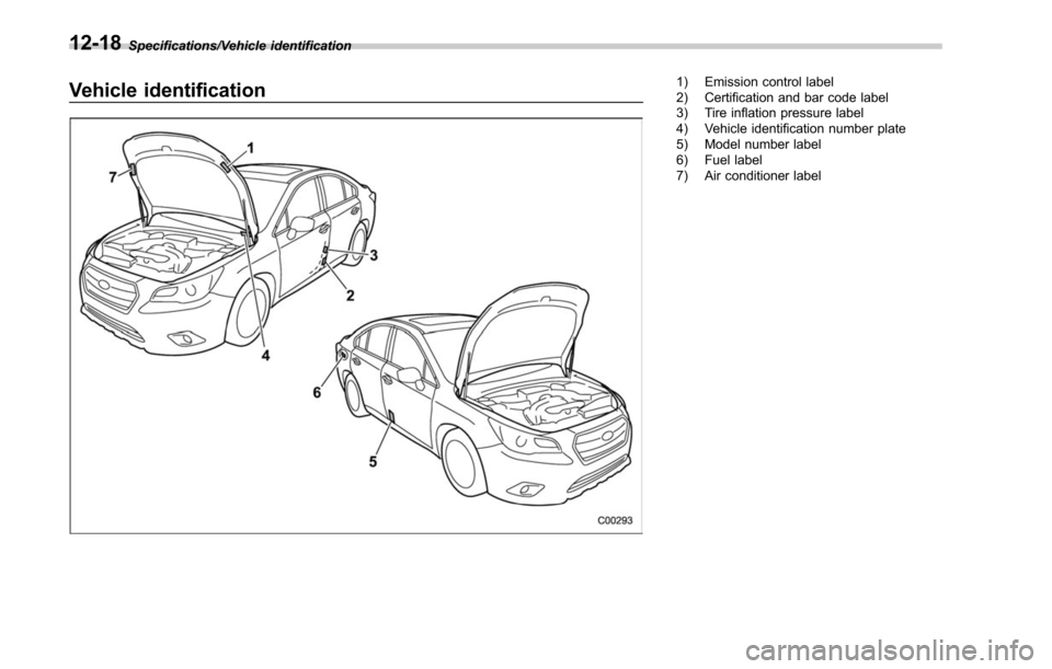 SUBARU LEGACY 2017 6.G Owners Manual Specifications/Vehicle identification
Vehicle identification1) Emission control label
2) Certification and bar code label
3) Tire inflation pressure label
4) Vehicle identification number plate
5) Mod SUBARU LEGACY 2017 6.G Owners Manual Specifications/Vehicle identification
Vehicle identification1) Emission control label
2) Certification and bar code label
3) Tire inflation pressure label
4) Vehicle identification number plate
5) Mod