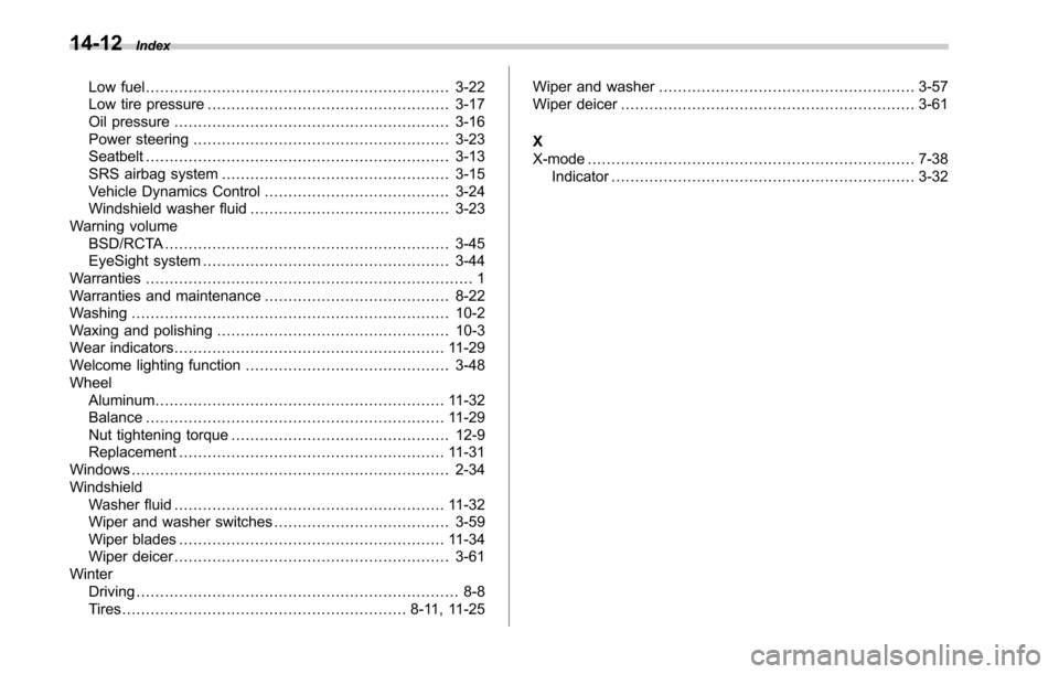 SUBARU LEGACY 2017 6.G Owners Manual 14-12Index
Low fuel................................................................ 3-22
Low tire pressure ................................................... 3-17
Oil pressure ....................... SUBARU LEGACY 2017 6.G Owners Manual 14-12Index
Low fuel................................................................ 3-22
Low tire pressure ................................................... 3-17
Oil pressure .......................