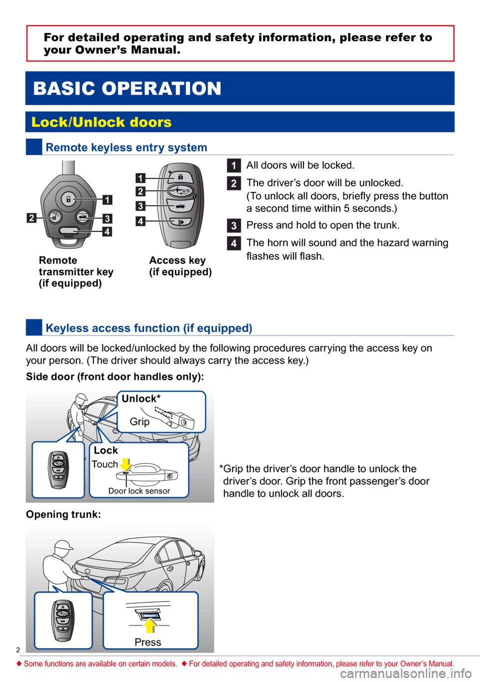 SUBARU LEGACY 2017 6.G Quick Reference Guide 2
Remote keyless entry system
Remote
transmitter key
(if equipped) Access key
(if equipped)
Lock/Unlock doors
PANIC
basic ope
Ration
* Grip the driver’s door handle to unlock the
driver’s SUBARU LEGACY 2017 6.G Quick Reference Guide 2
Remote keyless entry system
Remote
transmitter key
(if equipped) Access key
(if equipped)
Lock/Unlock doors
PANIC
basic ope
Ration
* Grip the driver’s door handle to unlock the
driver’s
