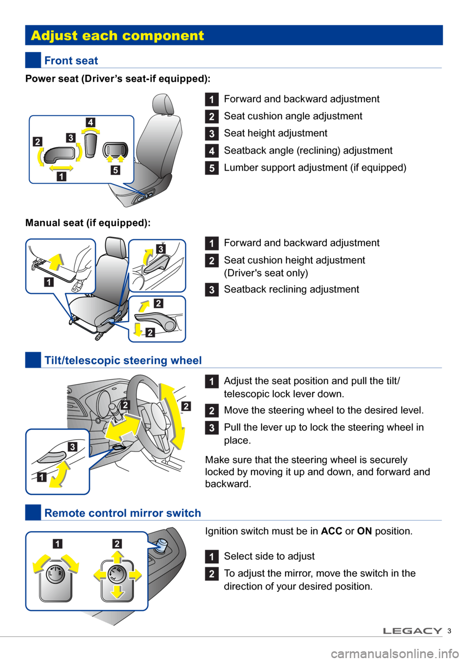 SUBARU LEGACY 2017 6.G Quick Reference Guide 3
Ignition switch must be in ACC or ON  position. 
1 
Select side to adjust
2  
To adjust the mirror, move the switch in the 
direction of your desired position.
 a djust each component
1 
Forward and