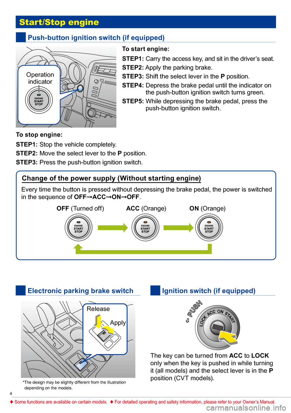 SUBARU LEGACY 2017 6.G Quick Reference Guide 4
 start/stop engine
To start engine:
STEP1: Carry the access key, and sit in the driver’s seat.
STEP2:  Apply the parking brake.
STEP3:  Shift the select lever in the  P position.
STEP4:  Depress t