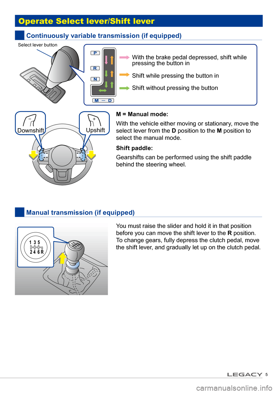 SUBARU LEGACY 2017 6.G Quick Reference Guide 5
You must raise the slider and hold it in that position
before you can move the shift lever to the R position.
To change gears, fully depress the clutch pedal, move
the shift lever, and gradually l SUBARU LEGACY 2017 6.G Quick Reference Guide 5
You must raise the slider and hold it in that position
before you can move the shift lever to the R position.
To change gears, fully depress the clutch pedal, move
the shift lever, and gradually l
