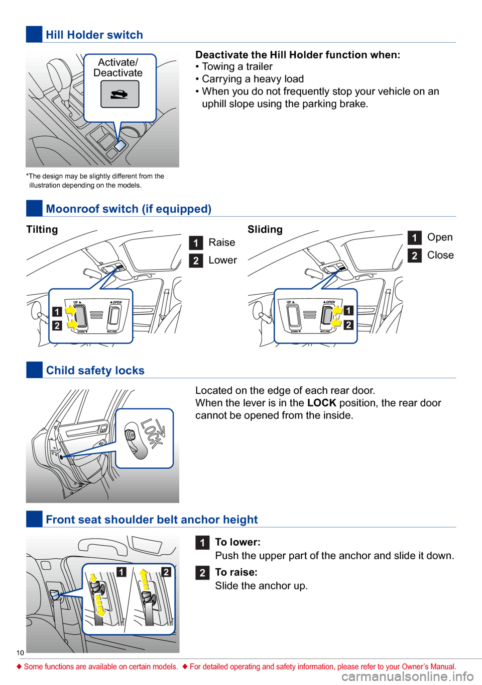 SUBARU LEGACY 2017 6.G Quick Reference Guide 10
Located on the edge of each rear door. 
When the lever is in the LOCK position, the rear door 
cannot be opened from the inside. Deactivate the Hill Holder function when:
•  Towing a trailer
• 