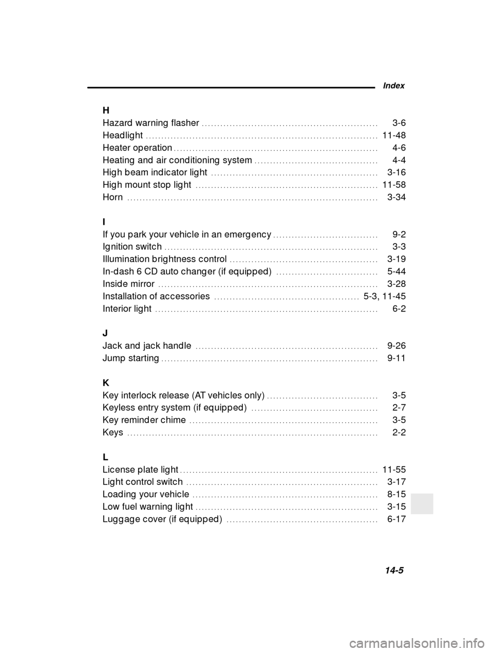 SUBARU OUTBACK 2000 3.G Owners Manual  Index14-5
H 
Hazard  warning  flasher
3-6
. . . . . . . . . . . . . . . . . . . . . . . . . .  . . . . . . . . . . . . . . . . . . . . . . . . . . . . . . . 
Head lig ht 11-48
. . . . . . . . . . . .