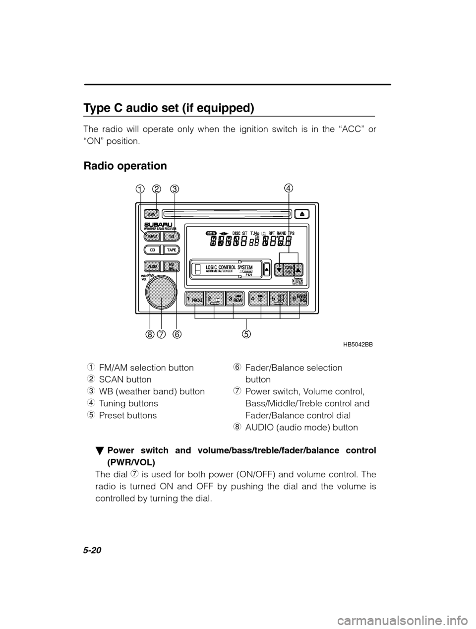 SUBARU OUTBACK 2002 3.G Owners Manual 5-20
Type C audio set (if equipped) The radio will operate only when the ignition switch is in the “ACC” or
“ON” position.
Radio operation
HB5042BB
1 FM/AM selection button
2 SCAN button
3 WB SUBARU OUTBACK 2002 3.G Owners Manual 5-20
Type C audio set (if equipped) The radio will operate only when the ignition switch is in the “ACC” or
“ON” position.
Radio operation
HB5042BB
1 FM/AM selection button
2 SCAN button
3 WB