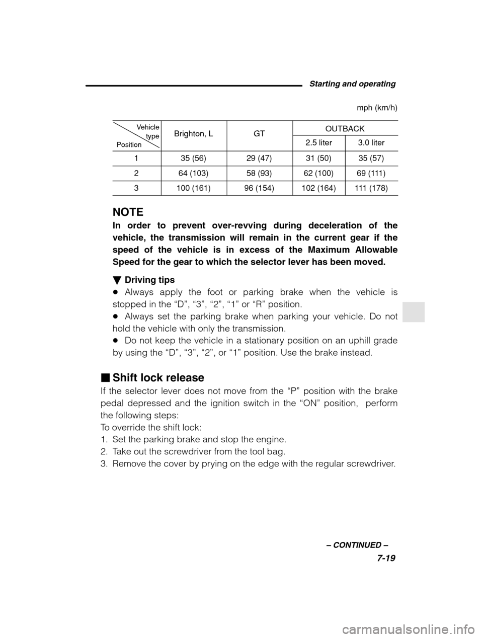 SUBARU OUTBACK 2002 3.G Owners Manual Starting and operating7-19
–
 CONTINUED  –
mph (km/h)
Vehicle
typeBrighton LGTOUTBACK
PositiontypeBrighton, LGT2.5 liter3.0 liter
135 (56)29 (47)31 (50)35 (57)
264 (103)58 (93)62 (100)69 (111)
310