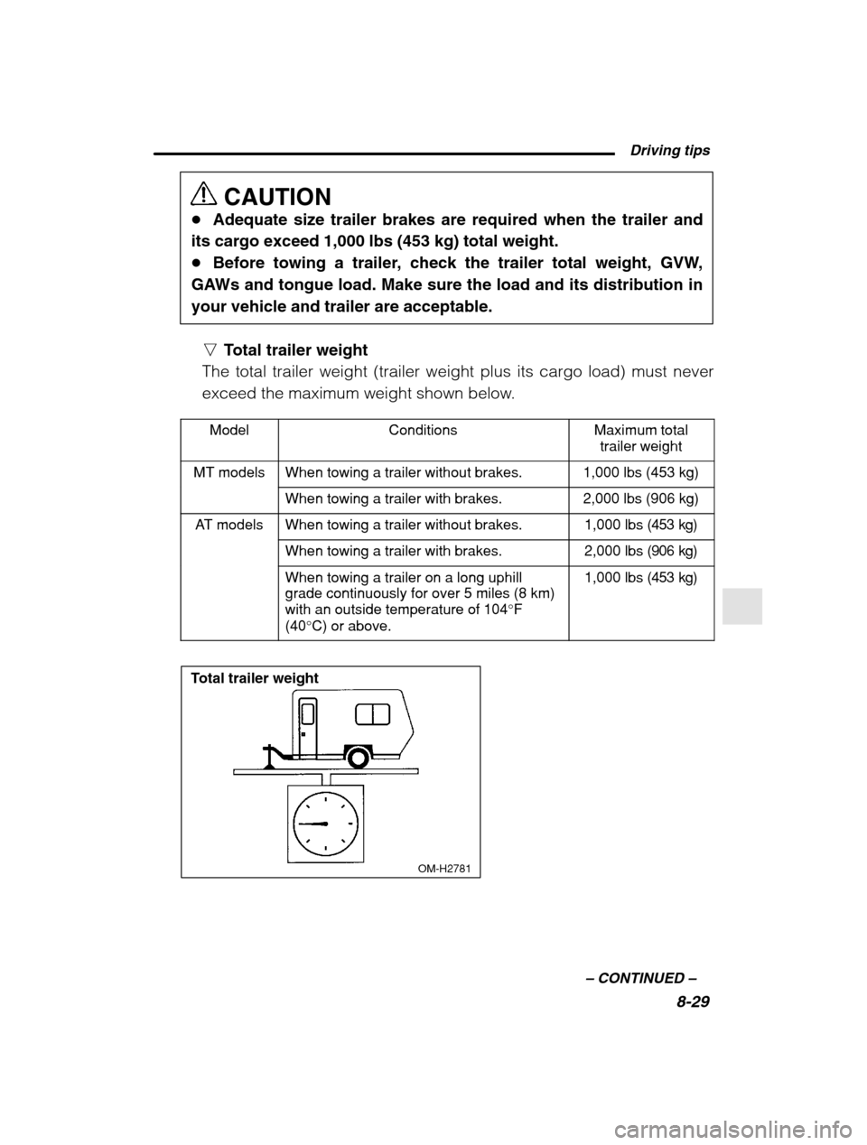 SUBARU OUTBACK 2002 3.G Owners Manual  Driving tips8-29
–
 CONTINUED  –
CAUTION
� Adequate size trailer brakes are required when the trailer and
its cargo exceed 1,000 lbs (453 kg) total weight. � Before towing a trailer, check the tr