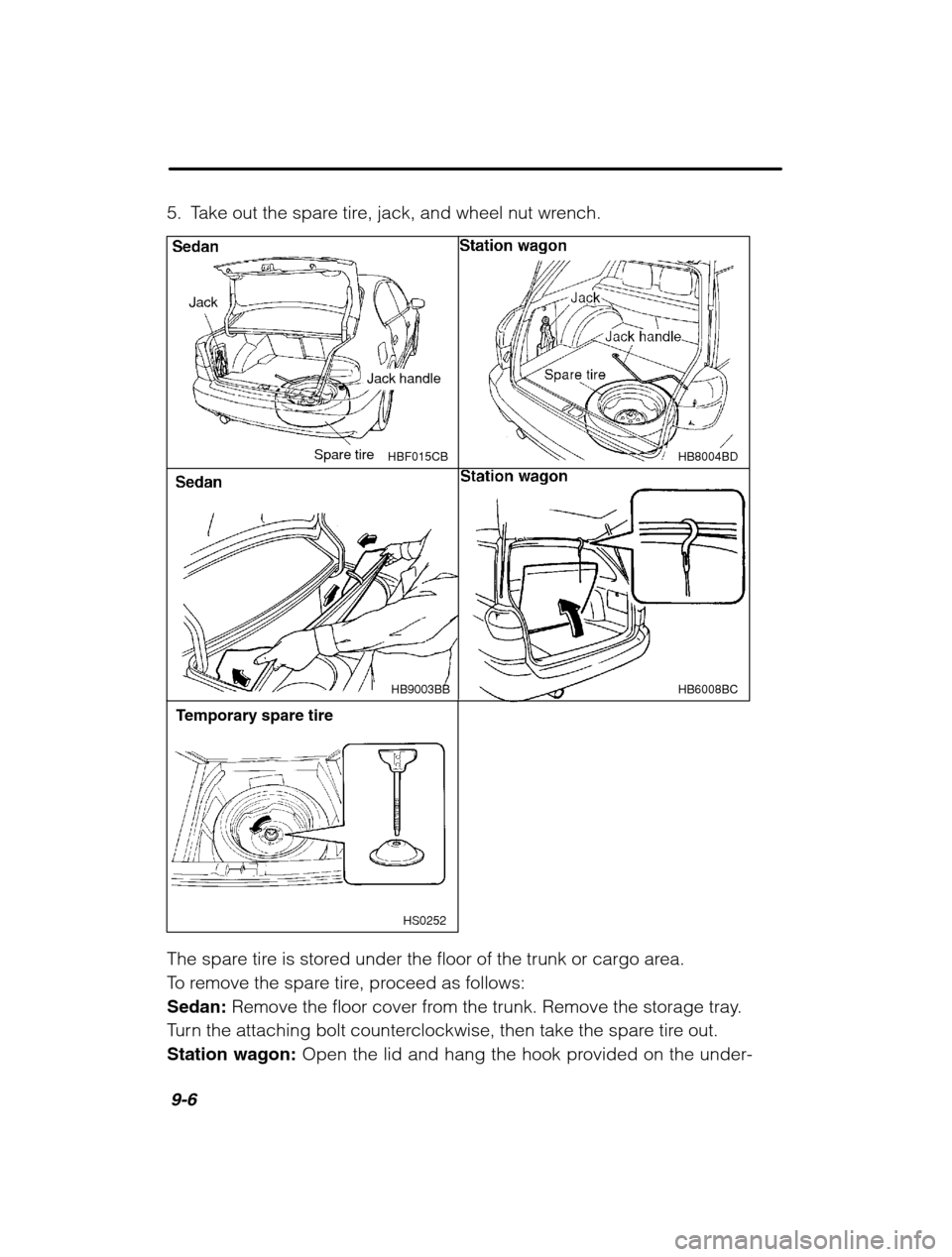 SUBARU OUTBACK 2002 3.G Owners Manual 9-6
5. Take out the spare tire, jack, and wheel nut wrench.
HB6008BCHB9003BB
HS0252
Temporary spare tire
HBF015CB
Jack handle
Jack
Spare tireHB8004BD
The spare tire is stored under the floor of the tr