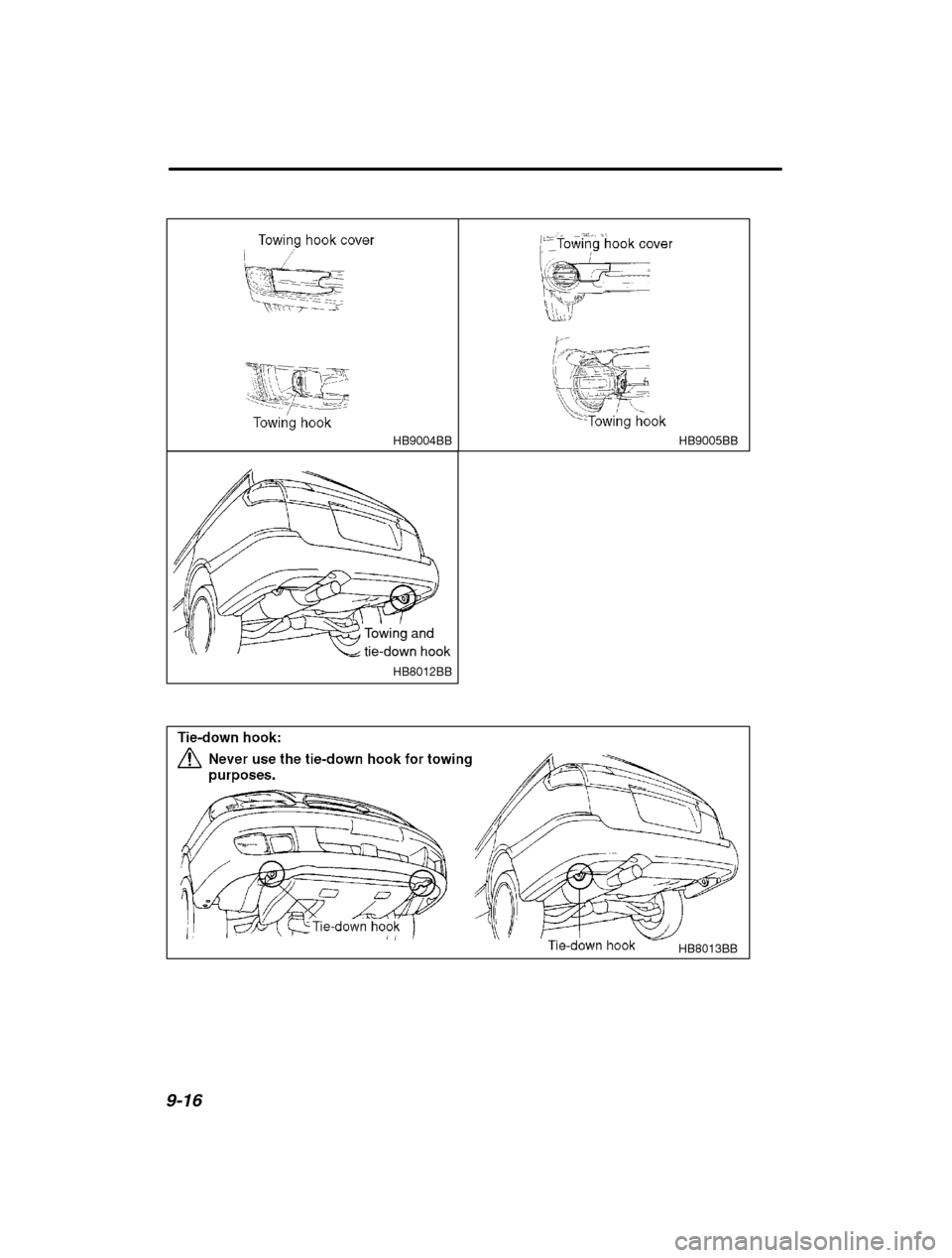 SUBARU OUTBACK 2002 3.G Owners Manual 9-16
HB8012BBHB9005BB
HB9004BB
Towing and tie-down hook
HB8013BB      