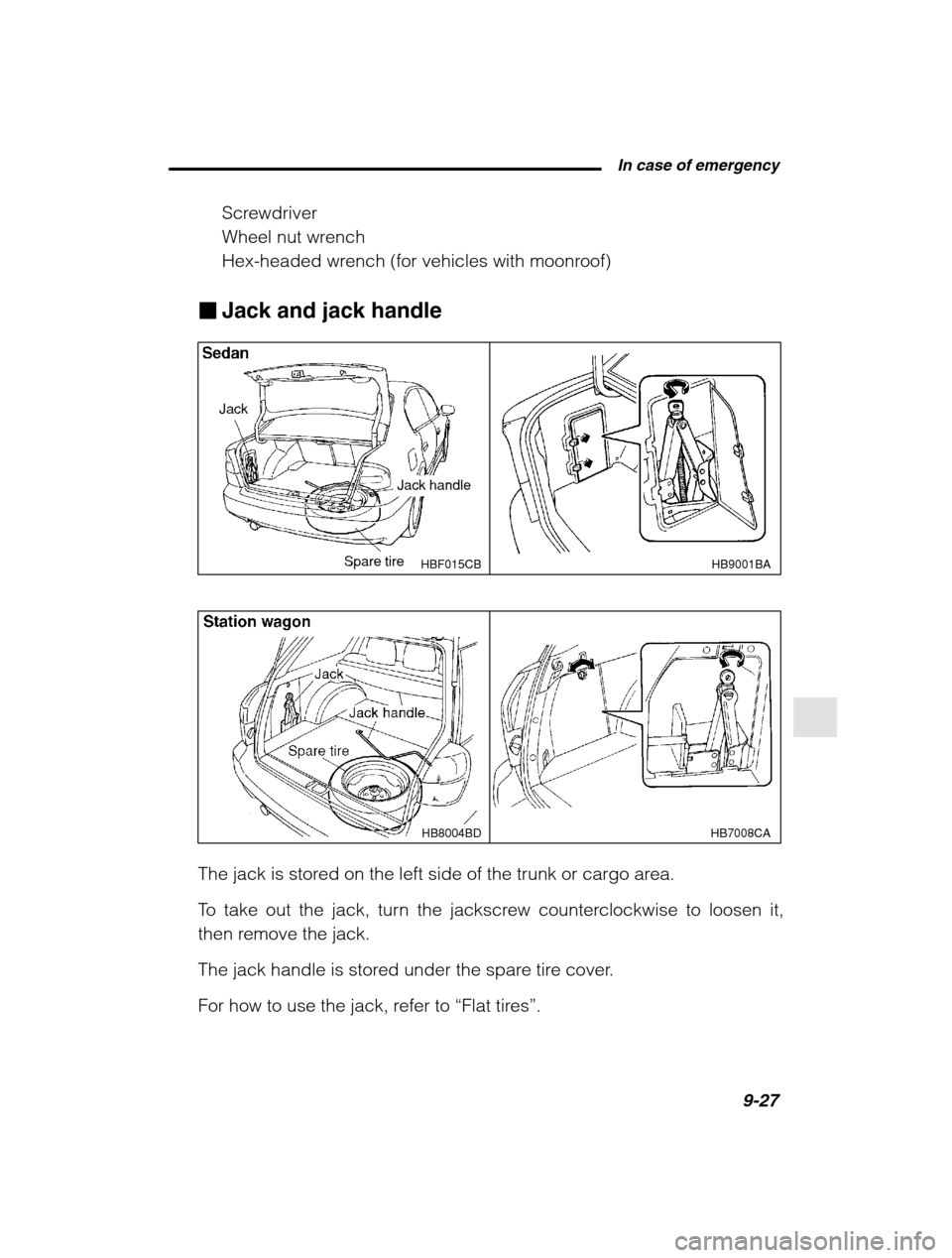 SUBARU OUTBACK 2002 3.G Owners Manual  In case of emergency9-27
–
 CONTINUED  –
Screwdriver 
Wheel nut wrench
Hex-headed wrench (for vehicles with moonroof)
� Jack and jack handle
HB9001BA
HBF015CB
Jack handle
Jack
Spare tire
HB7008CA