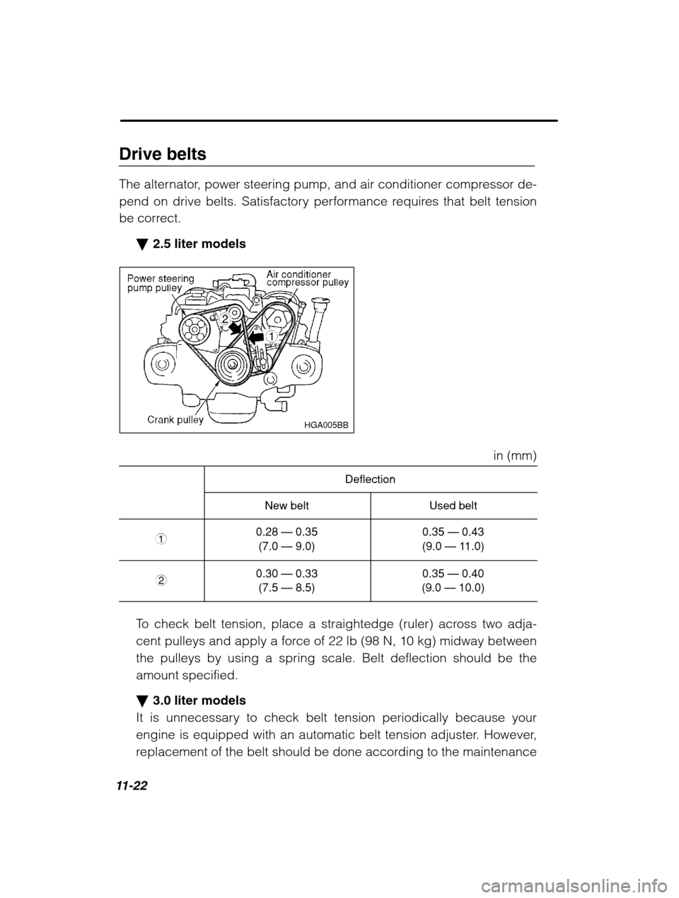 SUBARU OUTBACK 2002 3.G Owners Manual 11-22
Drive belts 
The alternator, power steering pump, and air conditioner compressor de- 
pend on drive belts. Satisfactory performance requires that belt tension
be correct.�2.5 liter models
HGA005