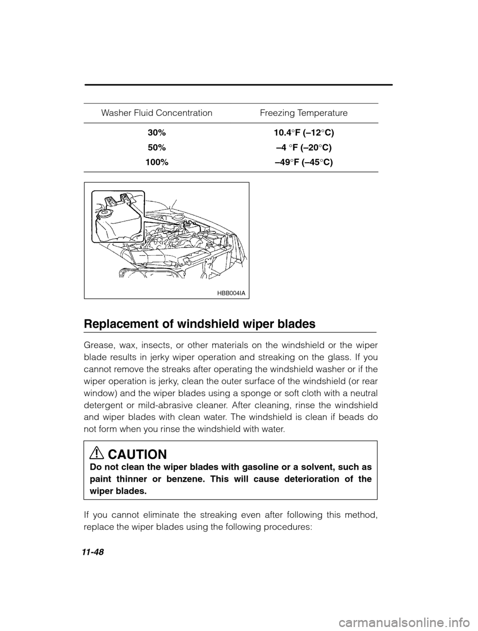 SUBARU OUTBACK 2002 3.G Owners Manual 11-48
Washer Fluid ConcentrationFreezing Temperature
30% 50%
100%10.4 °F ( –12 °C)
–4  °F ( –20 °C)
–49 °F ( –45 °C)
HBB004IA
Replacement of windshield wiper blades 
Grease, wax, insec