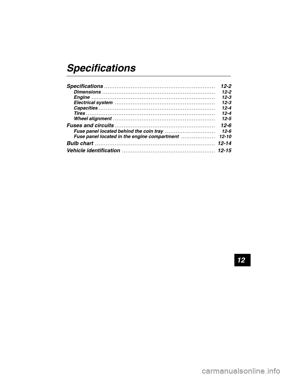 SUBARU OUTBACK 2002 3.G Owners Manual 12
Specifications Specifications12-2
. . . . . . . . . . . . . . . . . . . . . . . . . . . . . . . . . . . . . . . . . . . . . . . . . . . . . . . . . . . . . . 
Dimensions 12-2
. . . . . . . . . . . 