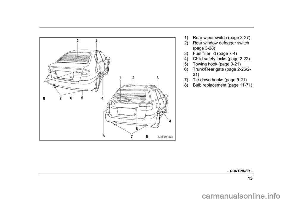 SUBARU OUTBACK 2004 4.G Owners Manual 13
–
 CONTINUED  –
23
4
5
6
7
8 12 3
4
5
6
7
8
UBF061BB
1) Rear wiper switch (page 3-27) 
2) Rear window defogger switch 
(page 3-28)
3) Fuel filler lid (page 7-4)
4) Child safety locks (page 2-22