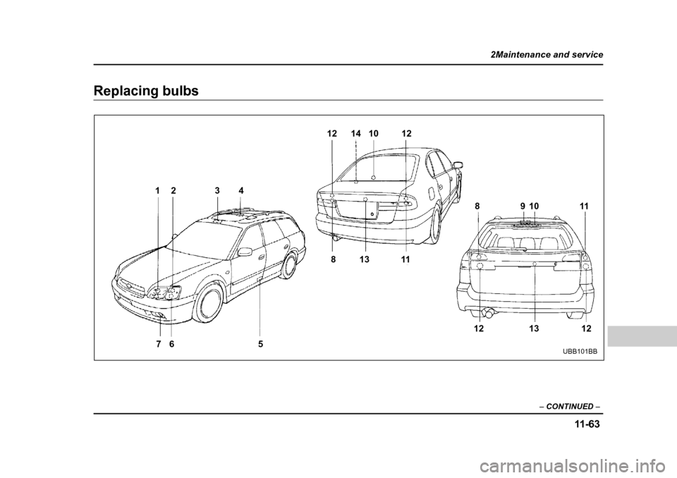 SUBARU OUTBACK 2004 4.G Owners Manual 11 -6 3
2Maintenance and service
– CONTINUED  –
Replacing bulbs
12 3 4
5
67 12 14 10 12
8
11
13
8 910 11
12
13
12
UBB101BB    