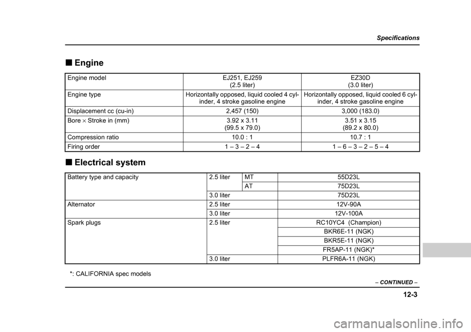 SUBARU OUTBACK 2004 4.G Owners Manual 12-3
Specifications
–  CONTINUED  –
�„Engine
�„ Electrical system
*: CALIFORNIA spec models
Engine modelEJ251, EJ259 (2.5 liter)EZ30D
(3.0 liter)
Engine typeHorizontally opposed, liquid cooled