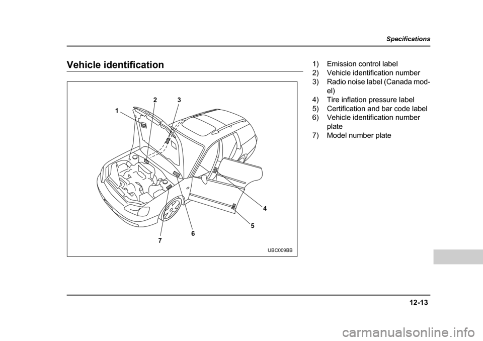 SUBARU OUTBACK 2004 4.G Owners Manual 12-13
Specifications
–  CONTINUED  –
Vehicle identification
4
3
2
1
5
6
7
UBC009BB
1) Emission control label 
2) Vehicle identification number 
3) Radio noise label (Canada mod-
el)
4) Tire inflat